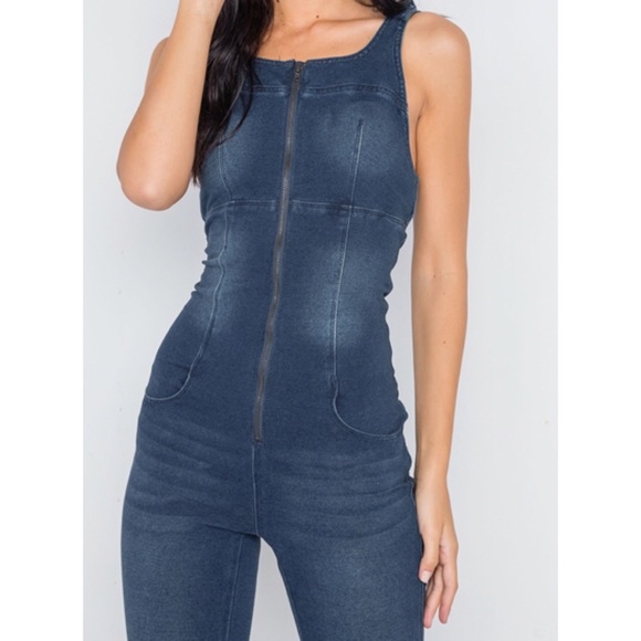 DARK DENIM STRETCH ZIP UP SKINNY LEG JUMPSUIT - Picture 4 of 7